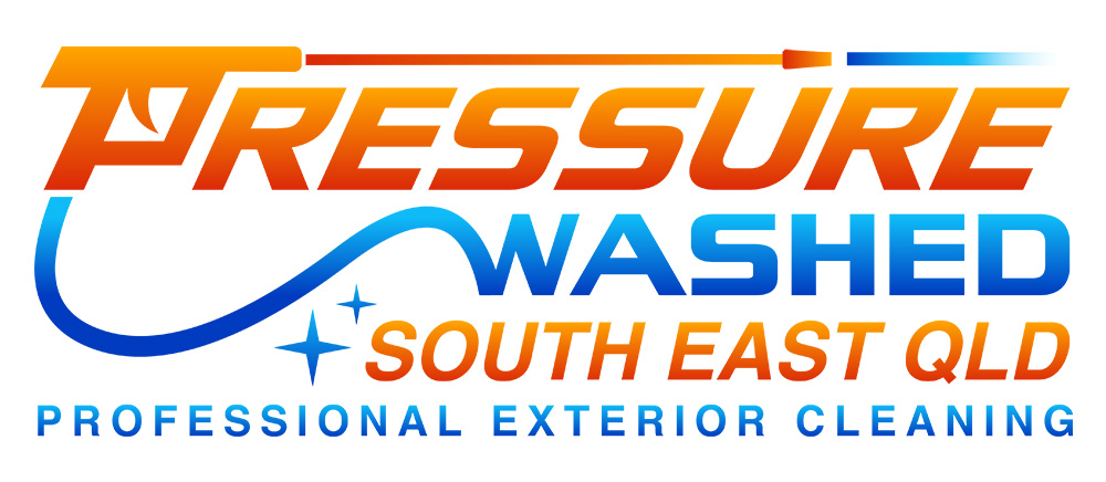 Pressure Washed South East QLD Logo. Orange and blue text Professional exterior cleaning