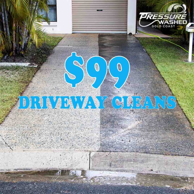 Photo of a Driveway that has been half pressure cleaned. Once side is dirty and the other side is clean. There's text stating $99 for a driveway pressure clean