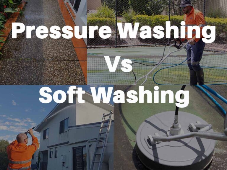 An image made up of 4 images, all are different styles of pressure washing and soft washing. Text displaying pressure washing vs soft washing