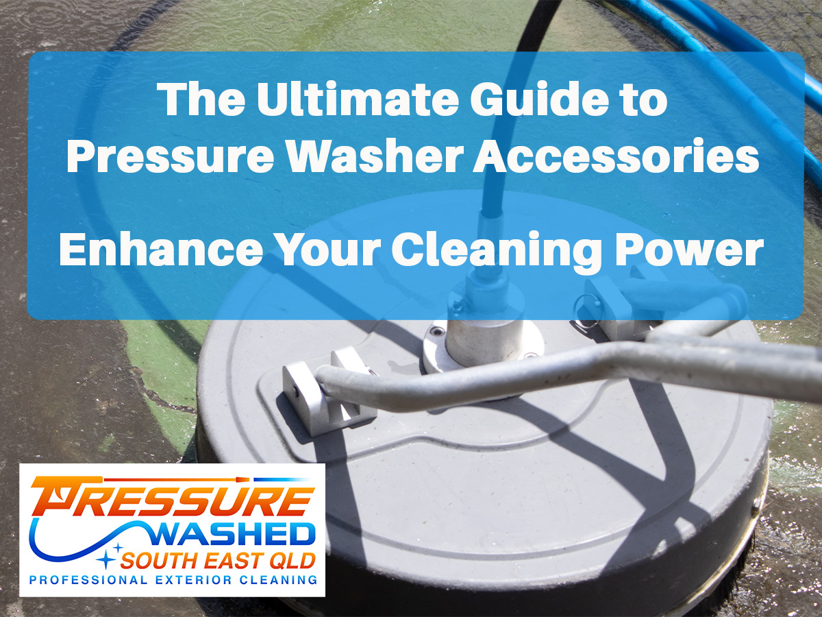 Text: The ultimate guide to pressure washer accessories. Enhance your cleaning power. The image is of a rotary surface cleaner, cleaning a tennis court