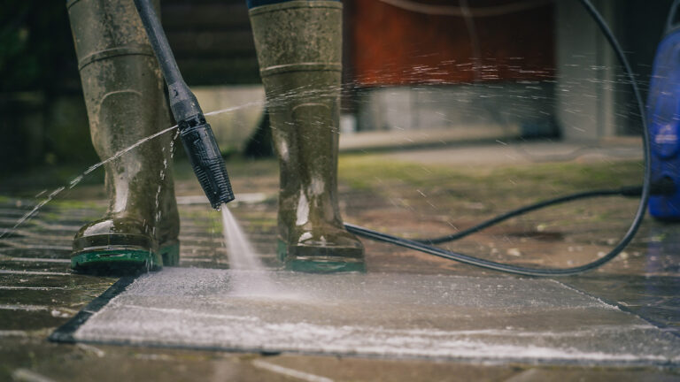 A person using a hot water pressure cleaner to clean a concrete surface. Only the tip of the lance spraying the water and the persons gumboots can be seen in the image.