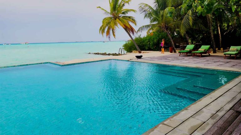 Photo of a nice pool with palm tree's and the ocean.