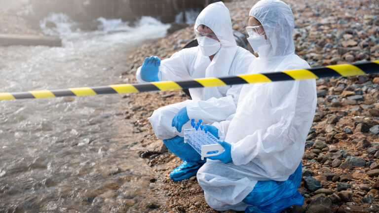 Two people testing water runoff, wearing contamination suits.