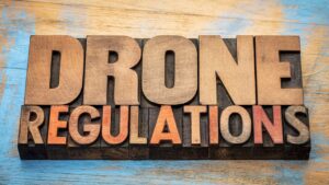 The words 'Drone Regulations' carved into wood.