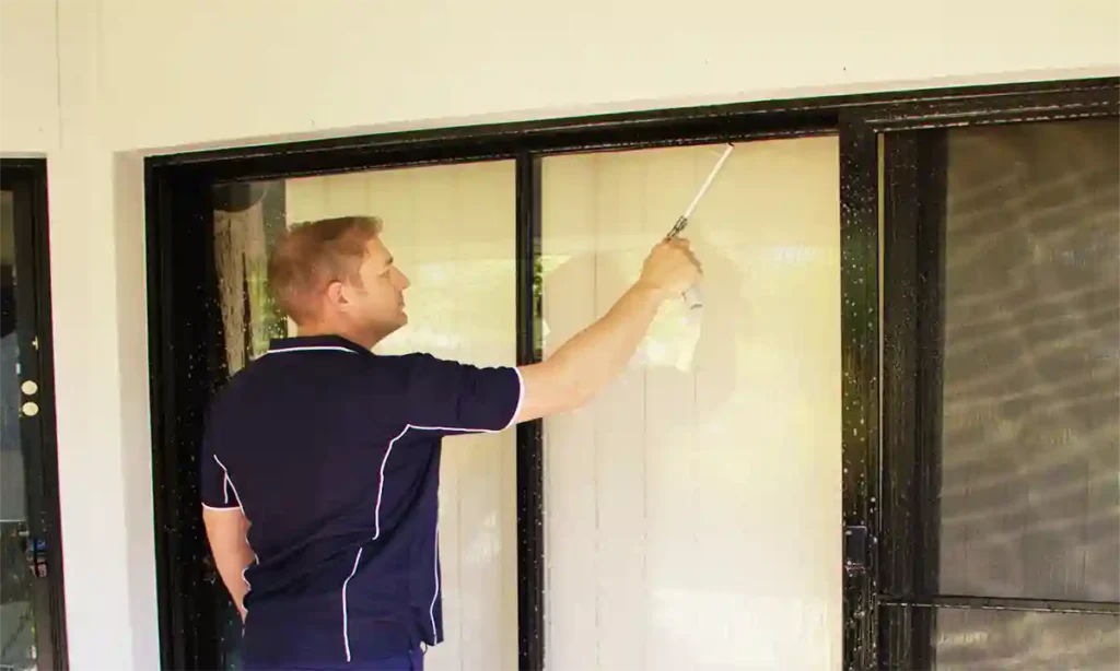 Team member form pressure washed South East QLD cleaning a glass door using a squeegee. It's a bright day and there are 3 glass doors in the photo.